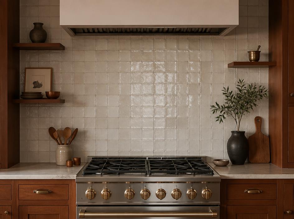 Handmade zellige tile kitchen backsplash behind a range