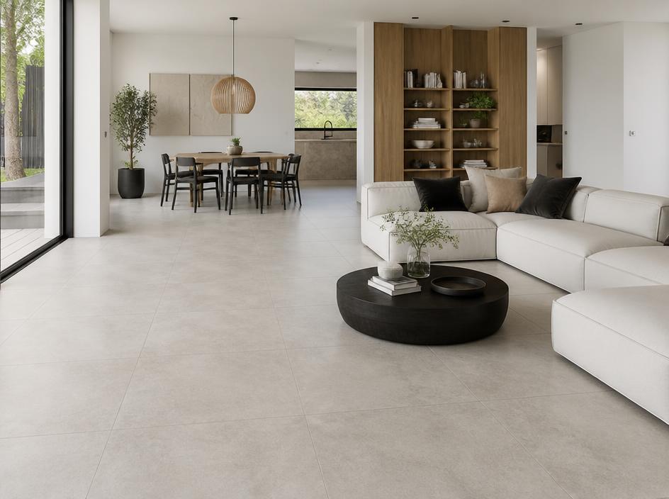 Large-format porcelain tile flooring in an open living space