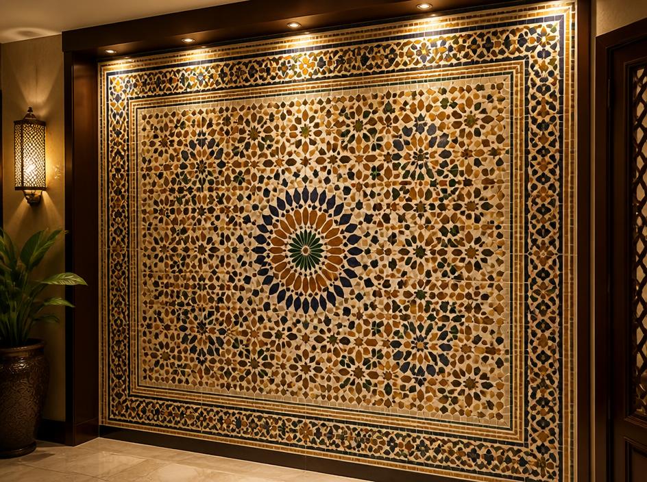 Decorative mosaic tile feature wall with intricate pattern