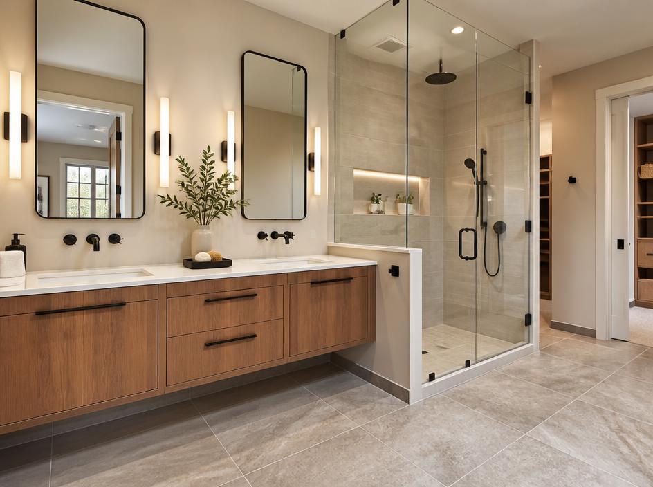 Remodeled bathroom with tiled floor, glass shower and floating vanity