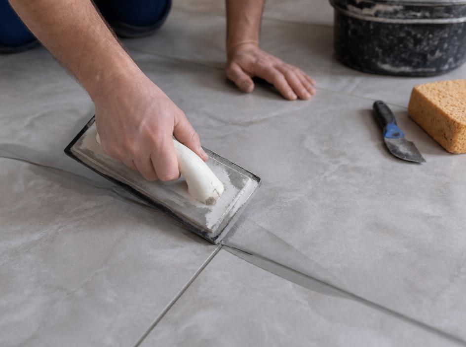 Installer regrouting floor tile with a grout float
