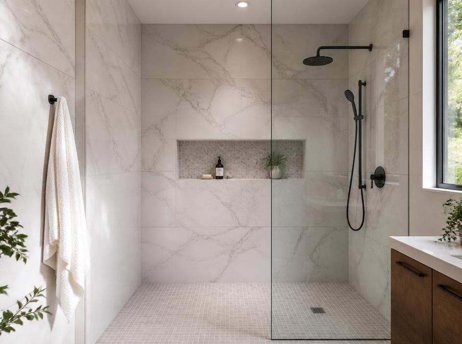 Tiled curbless walk-in shower with marble-look porcelain walls